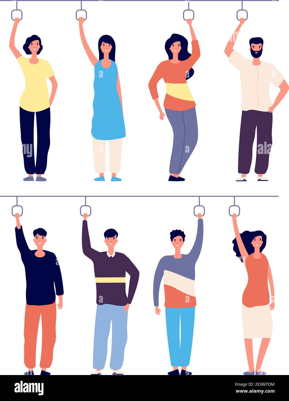 Le persone che tengono le maniglie dell'autobus. Persone diverse in metropolitana, passeggeri dei trasporti pubblici in treno, concetto di vettore tram. Le persone soggiornano in treno, metropolitana o mezzi pubblici illustrazione Illustrazione Vettoriale