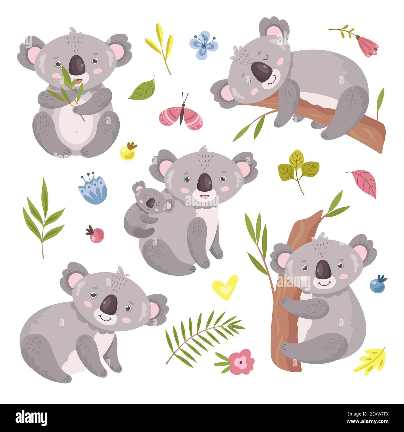 Orso Koala. Animale australiano, mamma di hugging del bambino. Koala isolati su alberi, fiori ed elementi naturali. Set di caratteri vettoriali esotici coccolati. Illustrazione koala australia, fauna selvatica mammifero salire ad albero Illustrazione Vettoriale