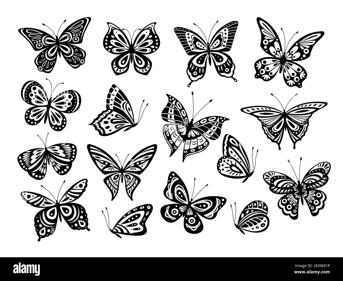 Farfalle nere. Disegnare silhouette a farfalla, elementi naturali. Splendide opere d'arte ornate ali forme diverse. Set vettoriale tatuaggi isolati. Farfalla insetto, silhouette farfalla illustrazione Illustrazione Vettoriale