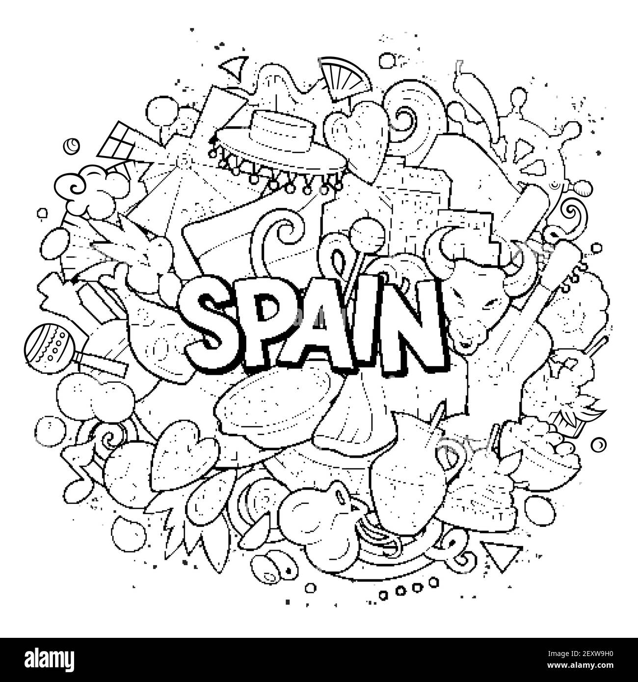 Spagna disegno a mano cartoni animati doodle illustrazione. Divertente  design spagnolo Immagine e Vettoriale - Alamy
