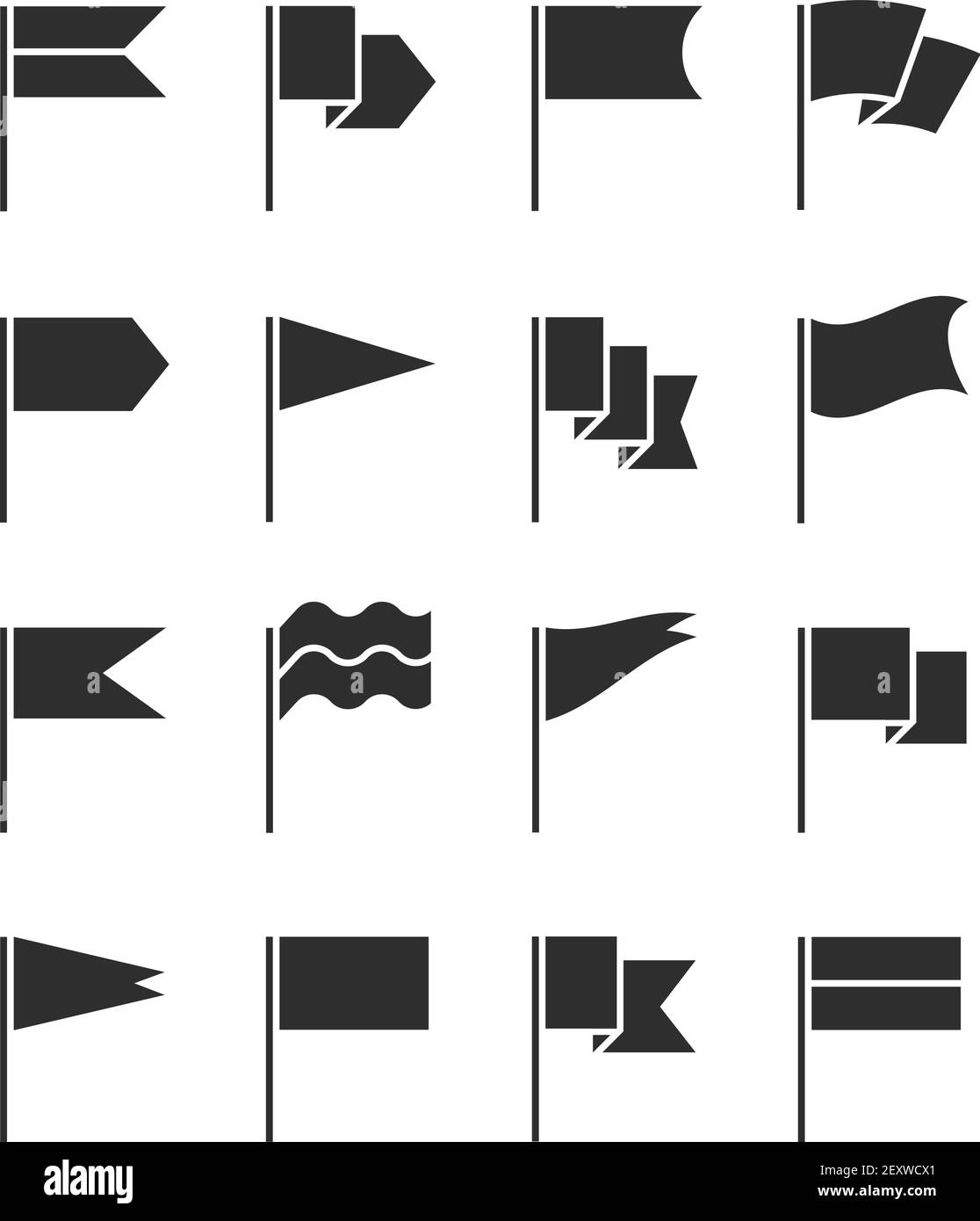 Icone di segnalazione. Pennant con bandiera, nero silhouette banner destinazione. Posizione GPS segnapunti della mappa, set di vettori di segni di inizio e di fine. Asta di segnalazione per gps, illustrazione della silhouette di inizio marcatore Illustrazione Vettoriale