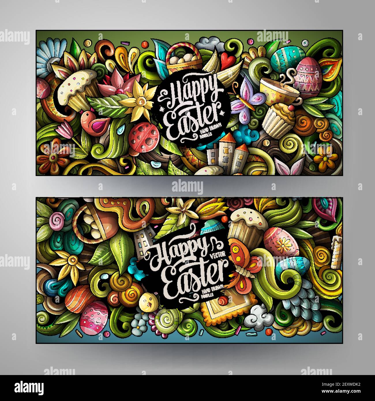 Cartoon carino vettore coloratissimi doodles buone bandiere di Pasqua Illustrazione Vettoriale