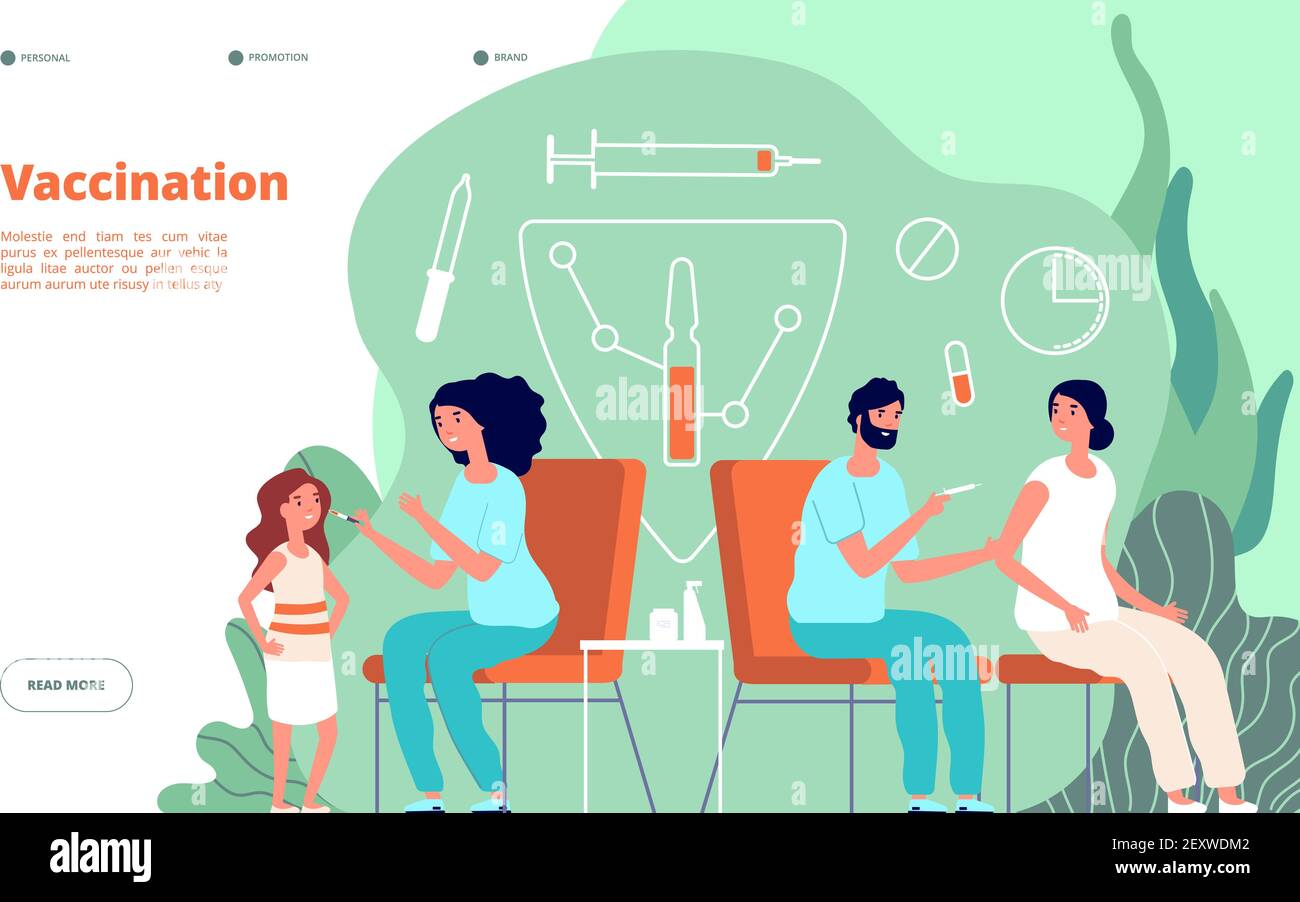 Pagina di destinazione della vaccinazione. Vaccino antinfluenzale, banner web per bambini e adulti. Visite sanitarie, di immunizzazione, cliniche o ospedaliere. Concetto di vettore medico. Vaccinazione, immunizzazione con vaccino, iniezione illustrativa Illustrazione Vettoriale