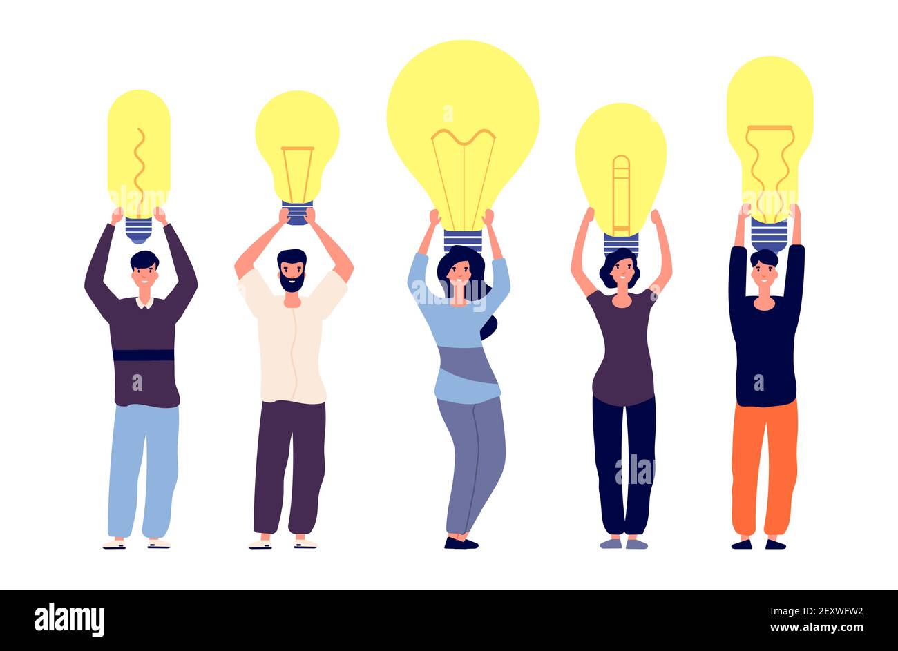 Persone e idee. Persone diverse tengono le lampadine illustrazione vettoriale. Metafora per unicità del pensiero, idee diverse. Personaggi di persone felici vettoriali. Illustrazione innovazione persone hanno idea Illustrazione Vettoriale
