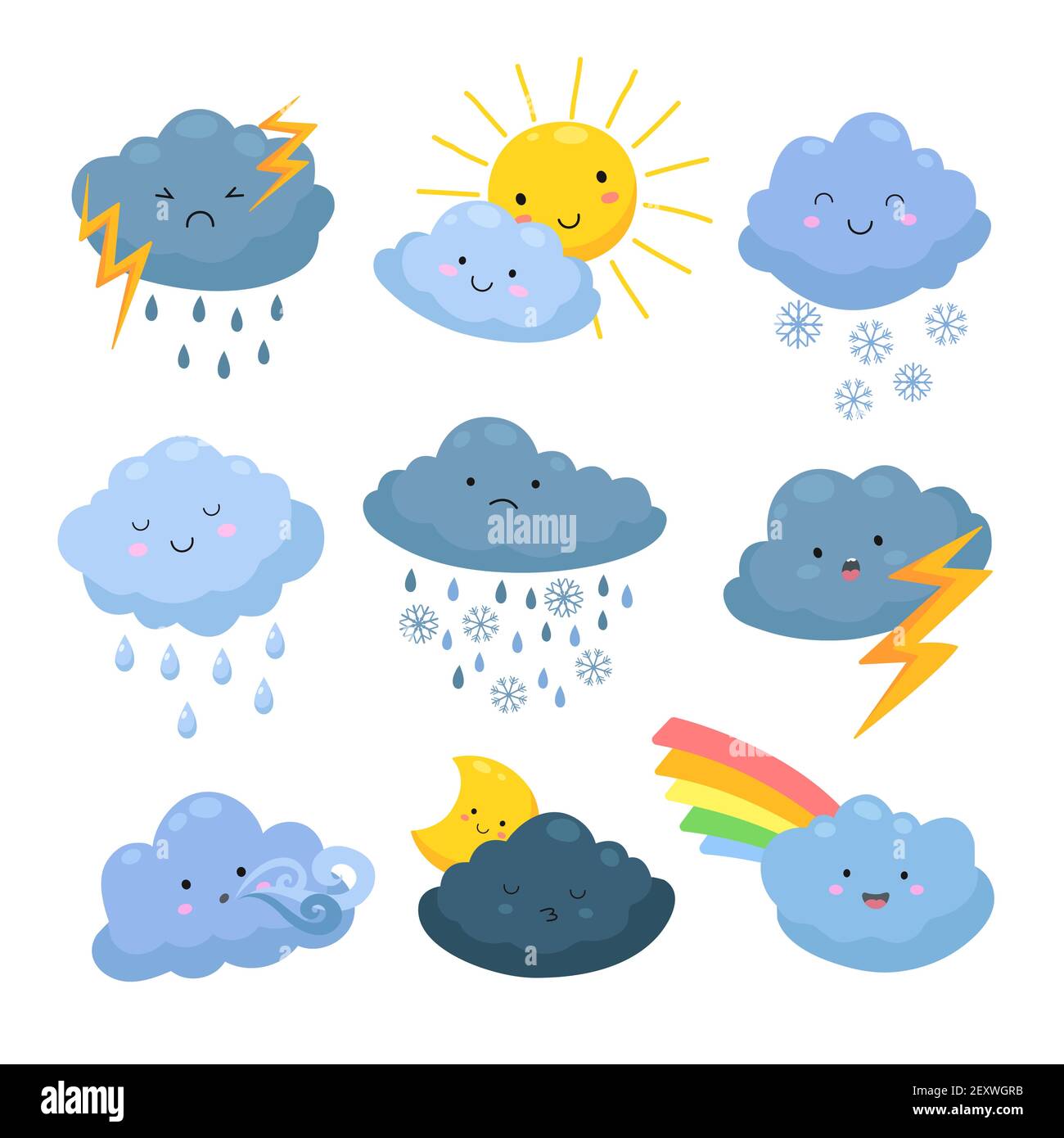 Fumetti meteo nuvole. Pioggia, neve elementi. Cielo nuvoloso forme, tempesta e fulmine, sole e luna. Insieme di vettori di previsione meteorologica. Illustrazione pioggia e neve, tempesta e vento Illustrazione Vettoriale