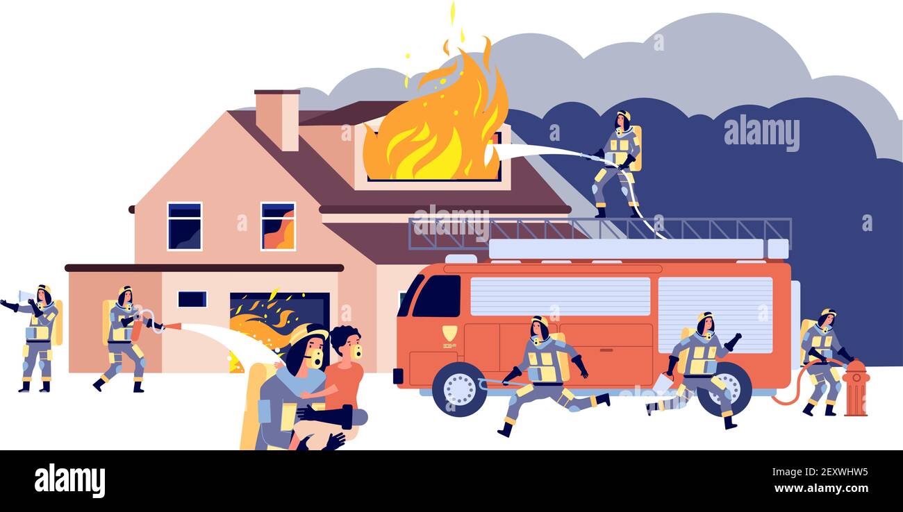 Casa sul fuoco. I vigili del fuoco di gruppo che combattono spengono la casa ardente. Personale di soccorso, attrezzature per camion antincendio, concetto di vettore di acqua spruzzata con tubo di fuoco. Illustrazione vigili del fuoco e casa di fiamma Illustrazione Vettoriale