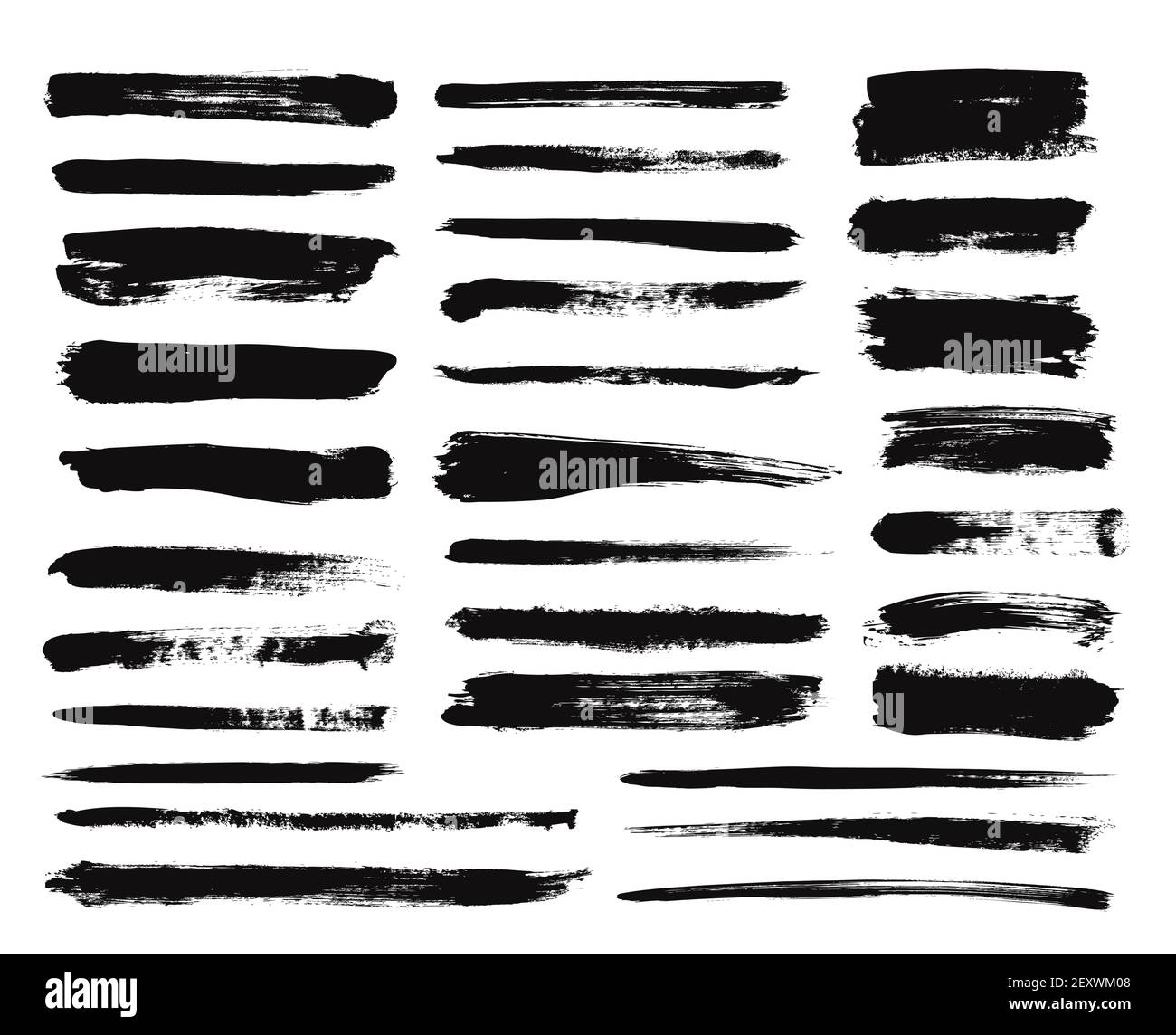 Tratto pennello inchiostro. Vernice asciutta, macchie nere, macchie lunghe. Linee dritte con trama isolata o elementi di design a grunge. Set di disegni vettoriali. Pennello, illustrazione del tratto di inchiostro grunge Illustrazione Vettoriale