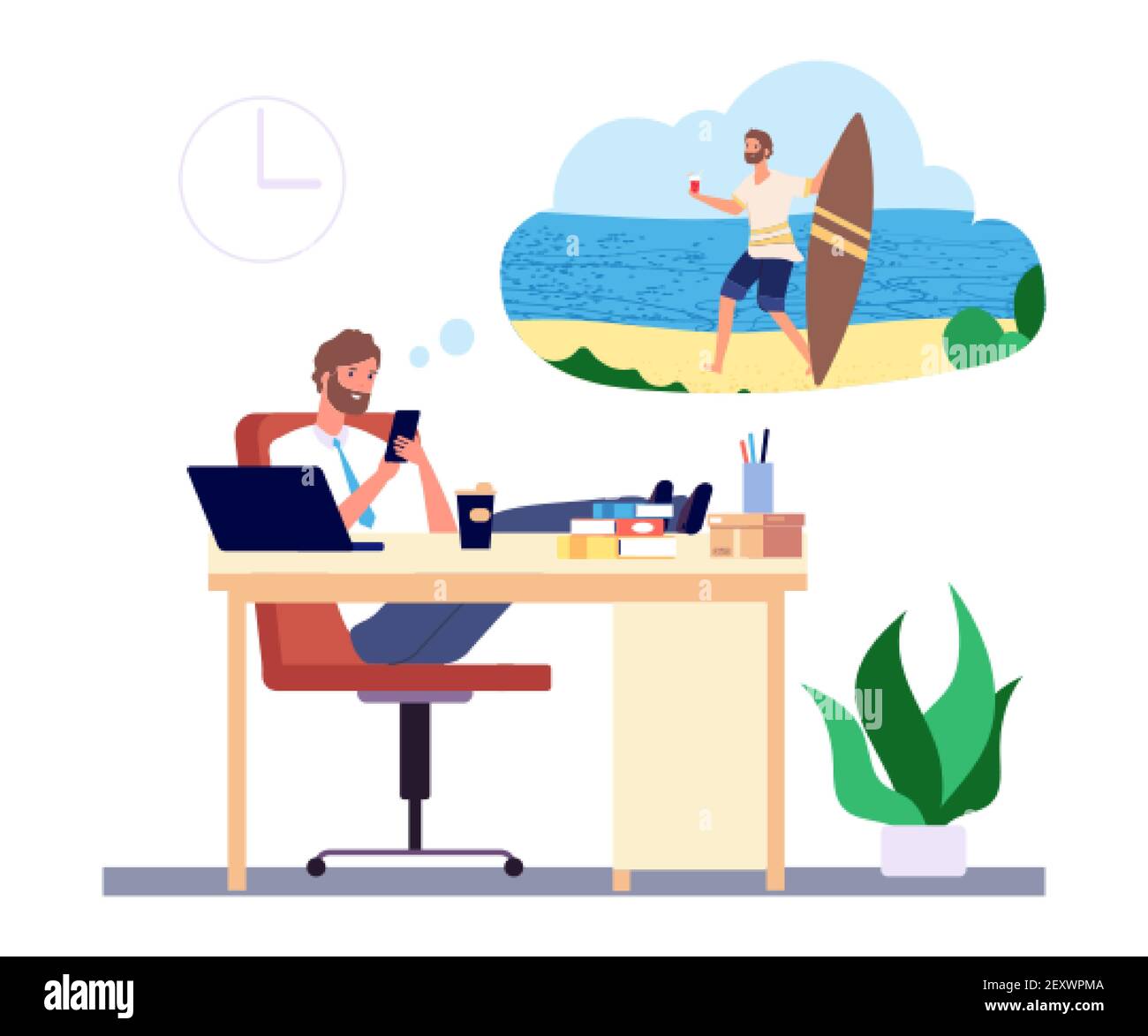 Sognare l'uomo. Office manager sogni di vacanza in spiaggia e surf vettore concetto. Illustrazione uomo sogno circa estate surf vacanza Illustrazione Vettoriale