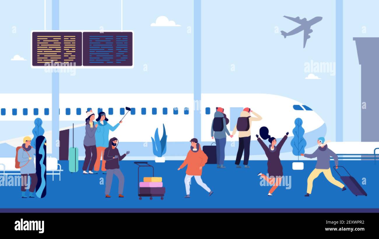 Viaggio invernale. I passeggeri attendono il volo, incontrano e accompagnano le persone. Persone in aeroporto con valigie. Vector vacanza illustrazione volo inverno, viaggio in attesa con i bagagli Illustrazione Vettoriale