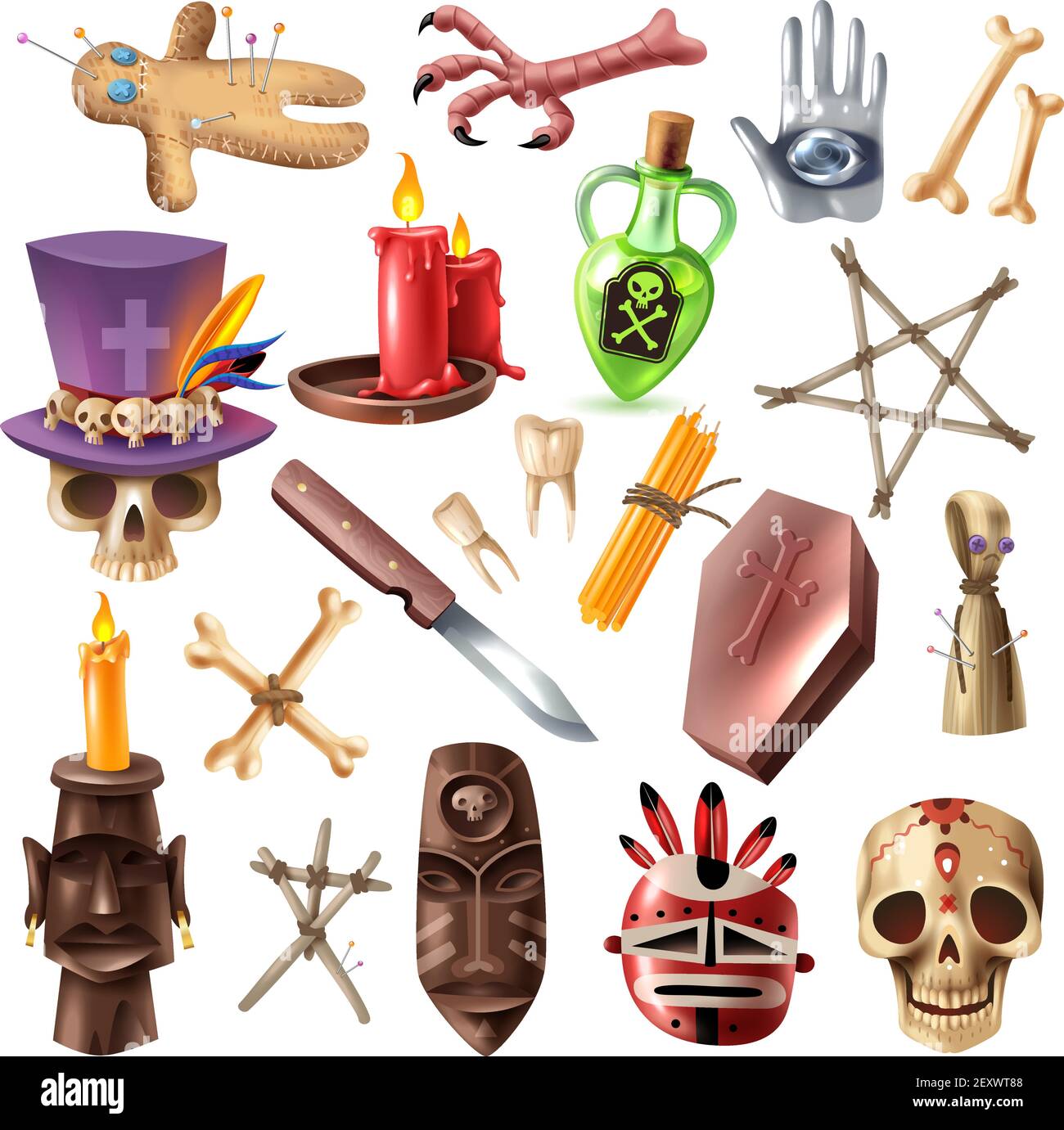 Voodoo african occult pratica la collezione di attributi con maschera di ossa cranio candele rituale bambola spille realistico vettore illustrazione Illustrazione Vettoriale