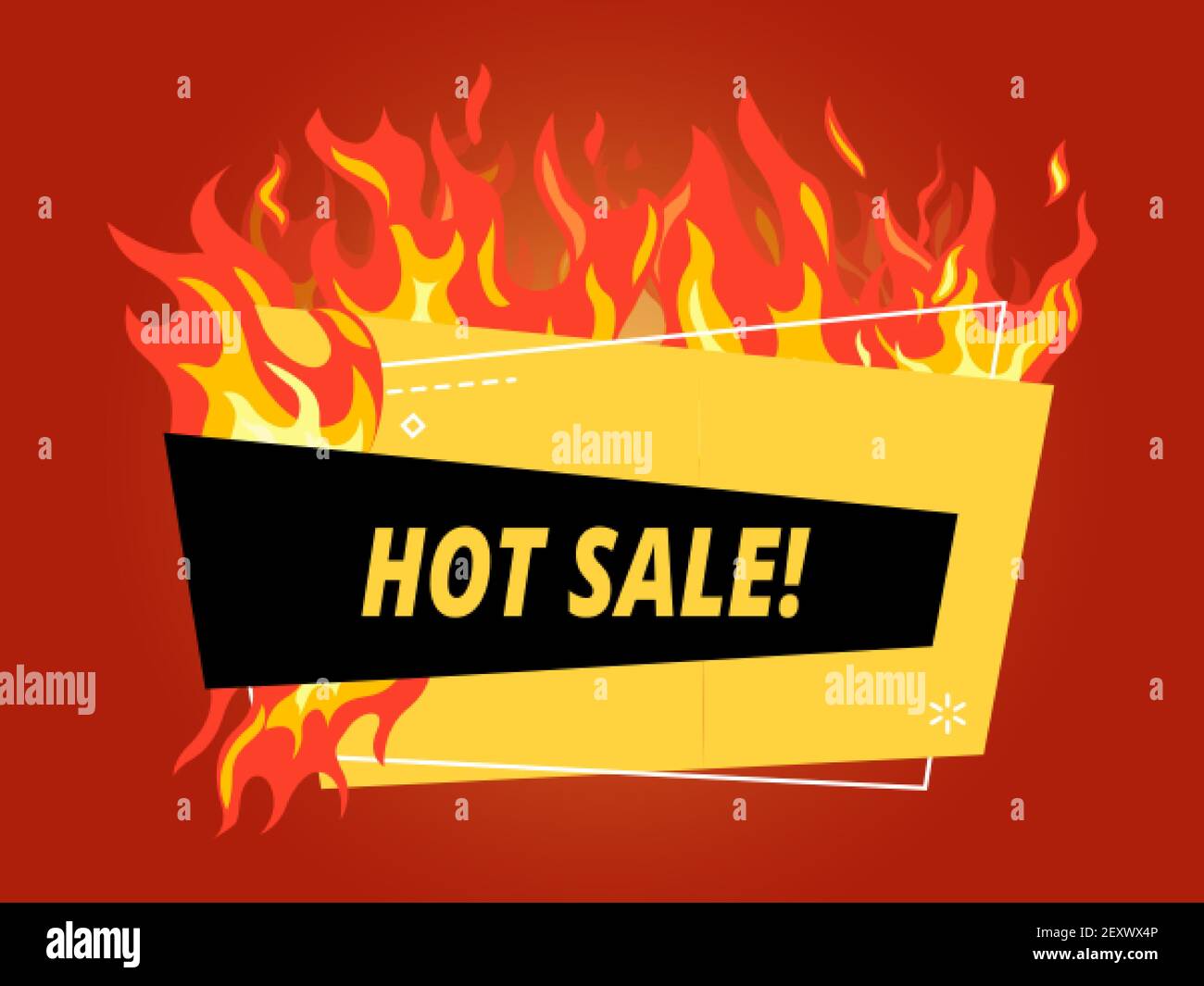 Banner di vendita a caldo. Offri uno sconto sulle fiamme, un modello vettoriale per la cornice o un'etichetta promozionale. Illustrazione volantino di pubblicità di promozione ardente Illustrazione Vettoriale