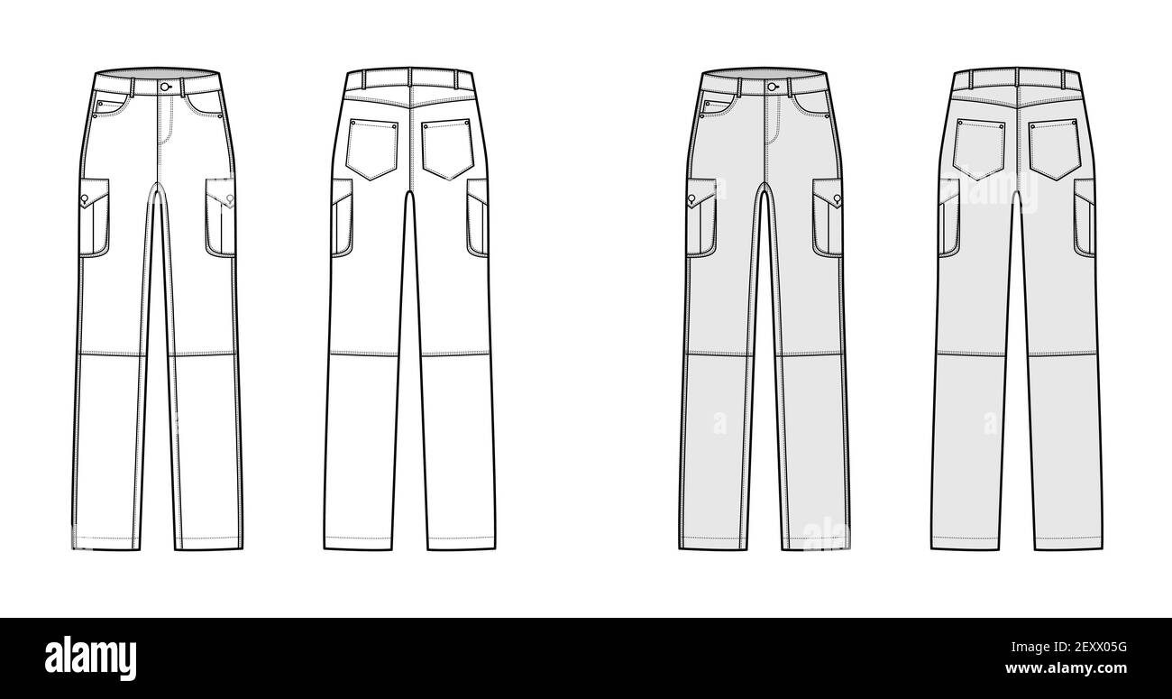 Set di jeans cargo pantaloni denim illustrazione tecnica moda con vita  bassa, altezza, tasche, passanti per cintura, lunghezze complete.  Abbigliamento a fondo piatto sul retro, bianco, grigio. Donne, uomini,  unisex CAD mockup