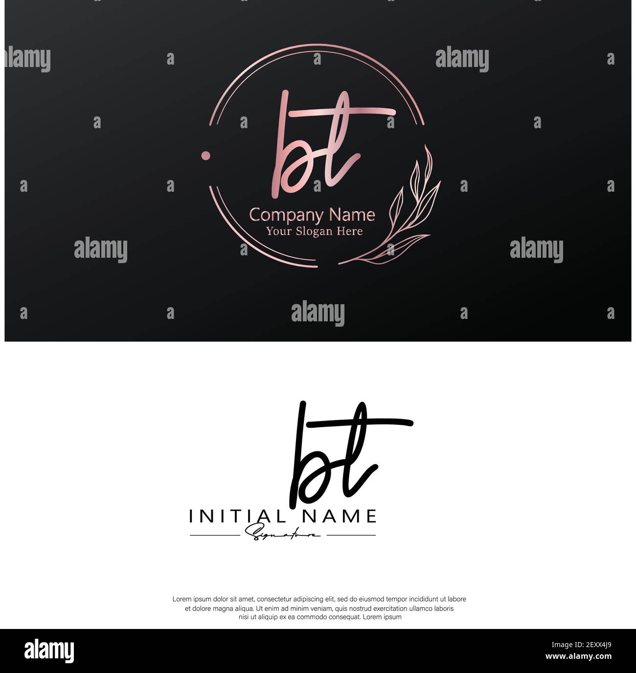 B T BT scrittura a mano della lettera iniziale e logo della firma. Beauty Vector primo logo .Moda, boutique, floreale e botanico Illustrazione Vettoriale