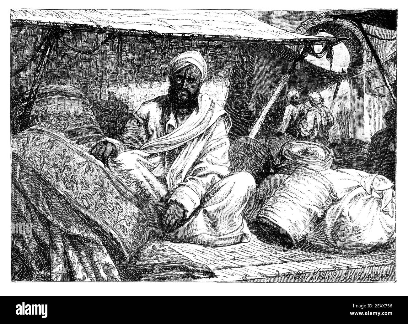 Mercante di tappeti da Kashmir, India, Pakistan. Cultura e storia dell'Asia. Immagine in bianco e nero d'epoca. 19 ° secolo. Foto Stock