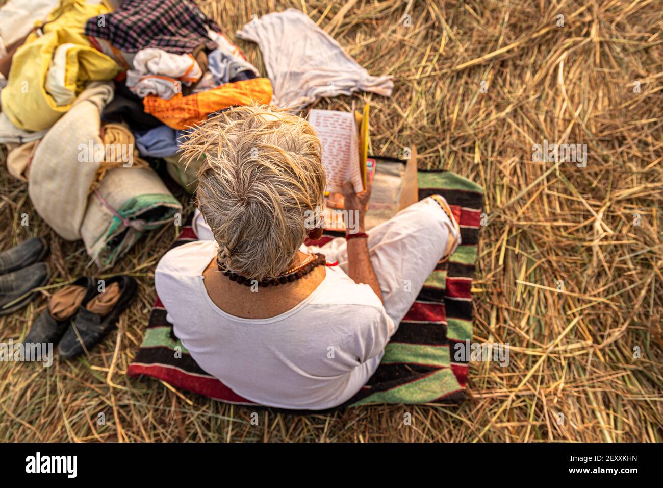 un mont che legge il libro sacro durante la mela kumbh in haridawar.kumbh è la più grande congregazione sulla terra. Foto Stock