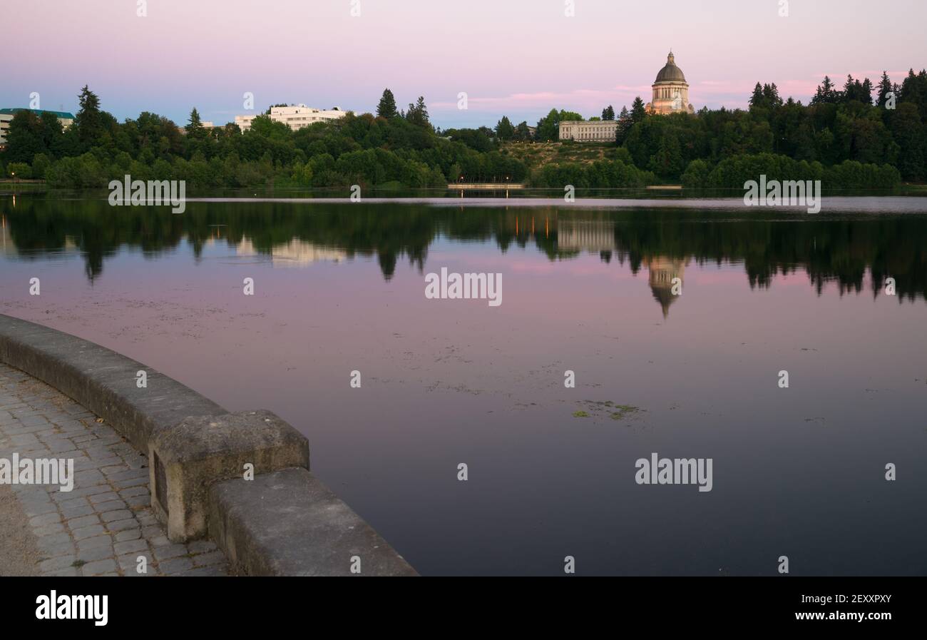 Palazzo del Governo il lago Capital Olympia Washington Tramonto Tramonto Foto Stock