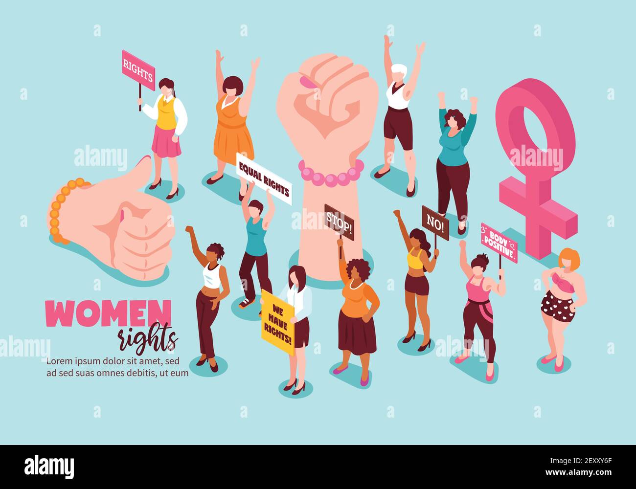 Gesti femministi e attivisti per i diritti delle donne con cartelli immagine vettoriale orizzontale isometrica su sfondo chiaro Illustrazione Vettoriale