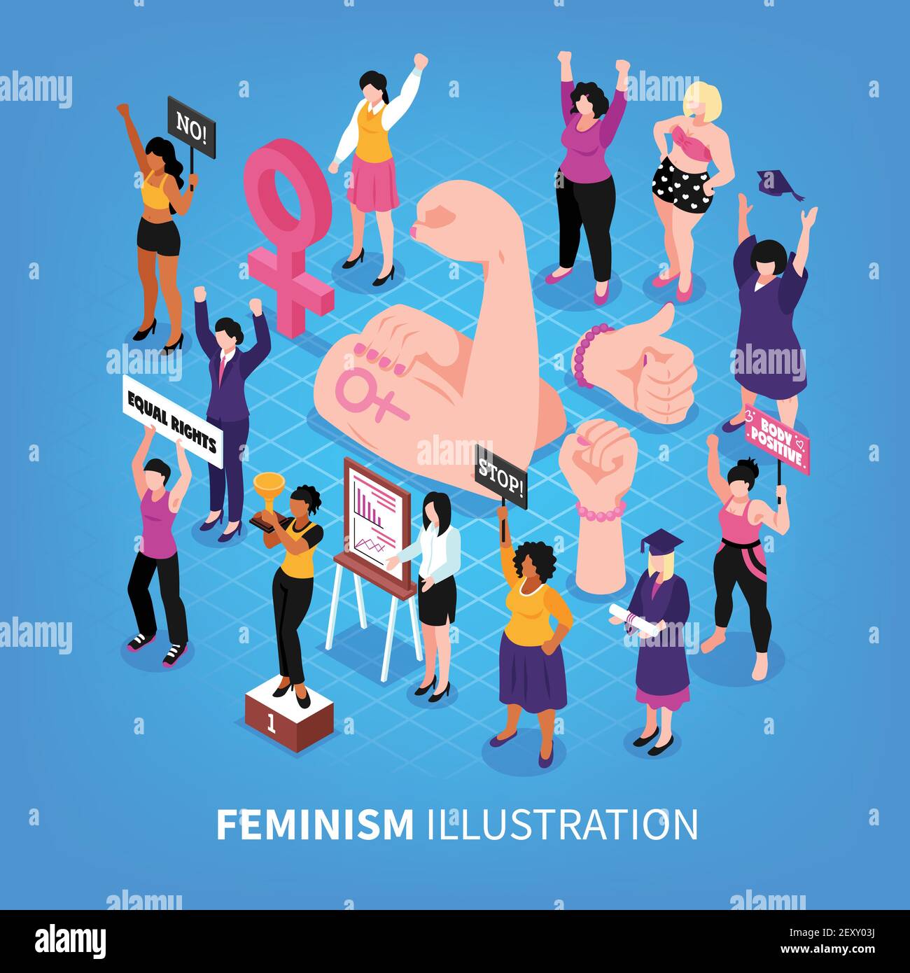 Composizione feministica isometrica con immagini simboliche di pugni e umani personaggi di attivisti femminili con donne illustrazione vettoriale Illustrazione Vettoriale