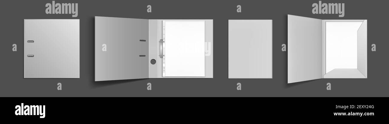Piegatrice con lime in tasche in plastica perforate e mockup della vista dall'alto del raccoglitore ad anelli. Portafoglio chiuso e aperto con fogli vuoti per documenti isolati su sfondo grigio. Simulazione realistica del vettore 3d Illustrazione Vettoriale
