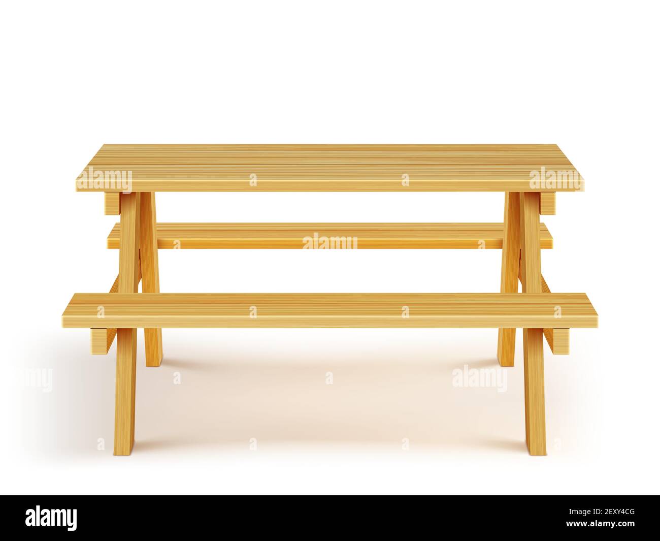 Tavolo da picnic in legno con panche, mobili in legno per barbecue all'aperto, tavolo da giardino isolato su sfondo bianco. Oggetto di disegno grafico, attrezzatura per la ricreazione del parco illustrazione vettoriale 3d realistica Illustrazione Vettoriale