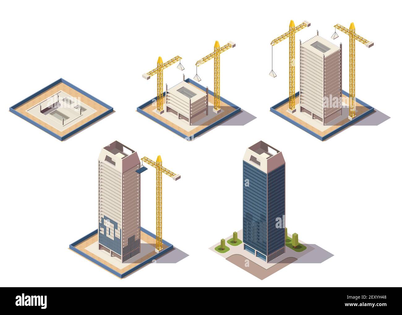 Grattacieli della città composizione isometrica con immagini isolate del cantiere rappresentazione di diverse fasi del vettore di processo di costruzione illustra Illustrazione Vettoriale