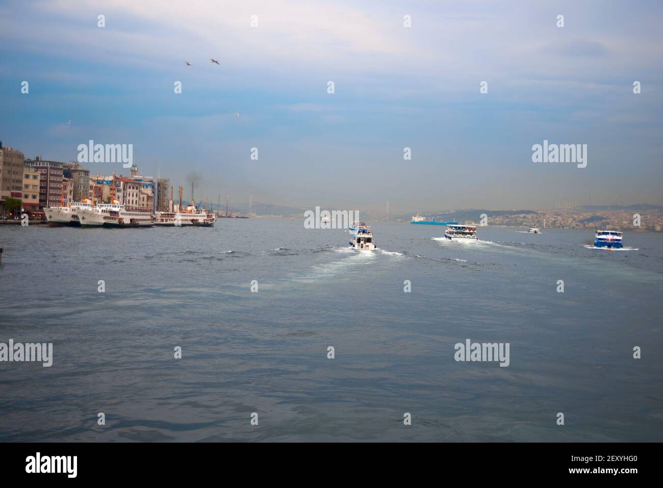 Navi passeggeri nello stretto del Bosforo, Istanbul, Turchia Foto Stock