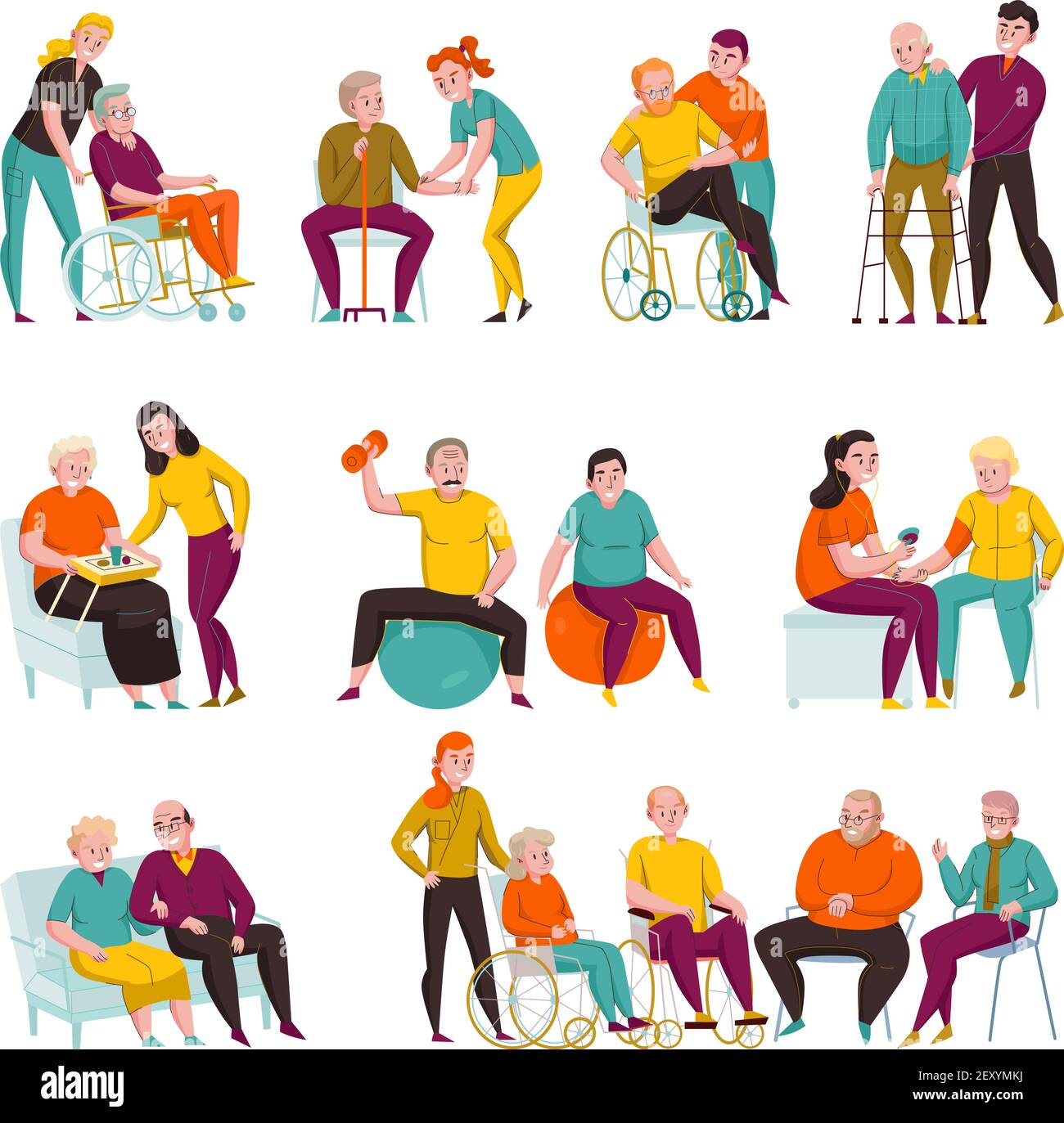Volontari che aiutano anziani e disabili nelle case di cura e. appartamenti privati icone piatte set vettoriale illustrazione Illustrazione Vettoriale