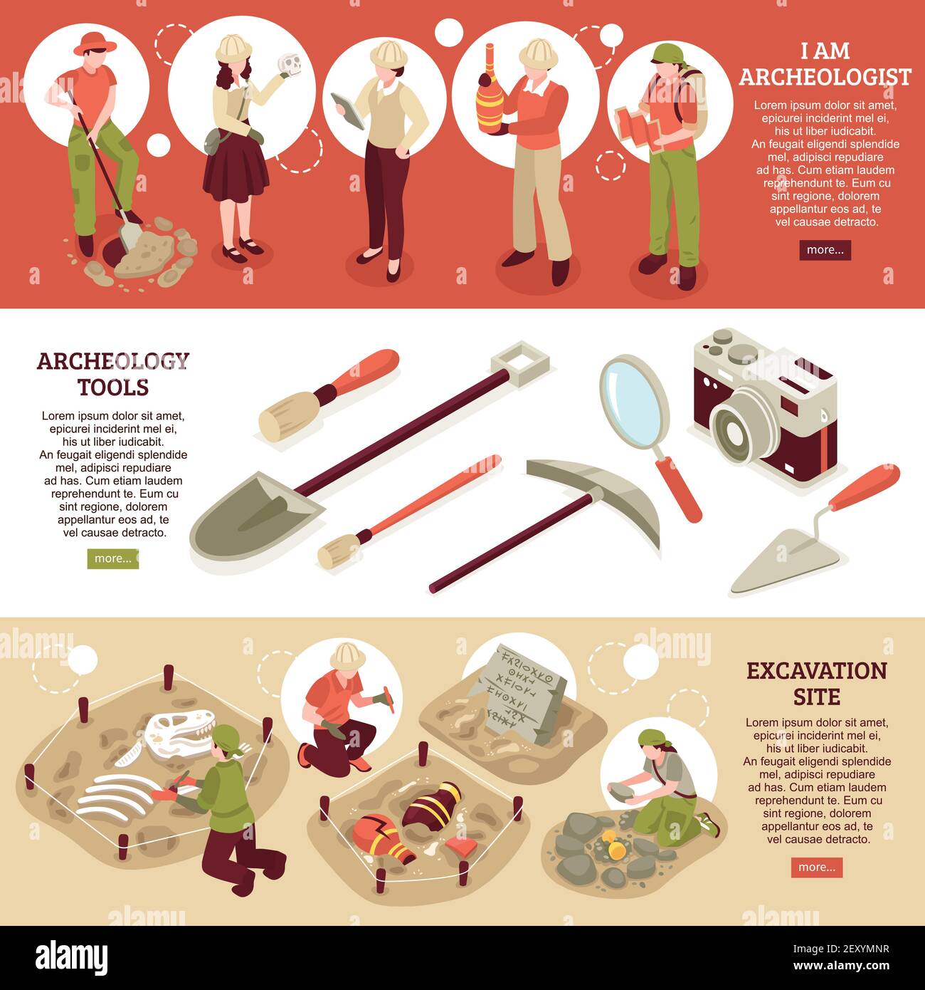 Scienziati archeologici presso il sito di scavo con set di strumenti professionali banner isometrici orizzontali illustrazione vettoriale isolata Illustrazione Vettoriale