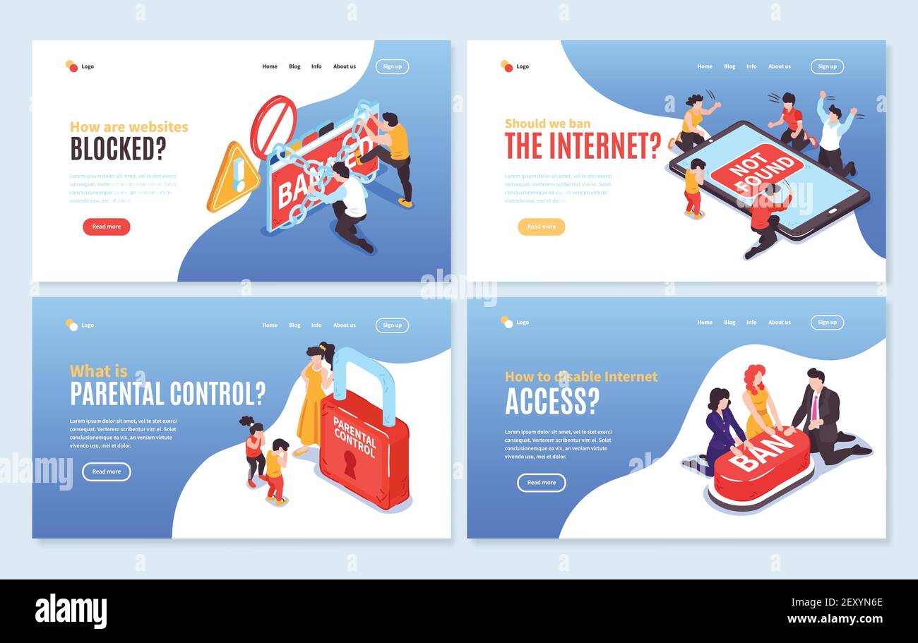 Set di quattro banner orizzontali isolati isometrici vietati per il sito Web con testo modificabile, collegamenti selezionabili e immagini, illustrazione vettoriale Illustrazione Vettoriale