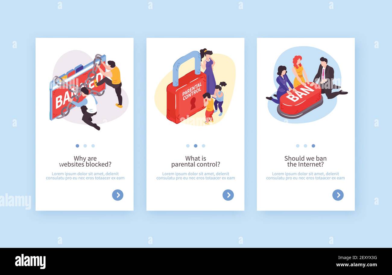 Raccolta di tre banner verticali di siti Web vietati isometrici con concettuale immagini e testo modificabile con pulsanti illustrazione vettoriale Illustrazione Vettoriale