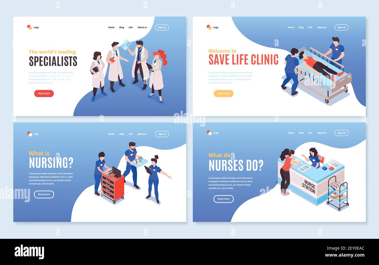 Set di quattro striscioni orizzontali isometrici isolati dell'ospedale con clickable collega il testo modificabile e l'illustrazione vettoriale delle immagini appropriate Illustrazione Vettoriale