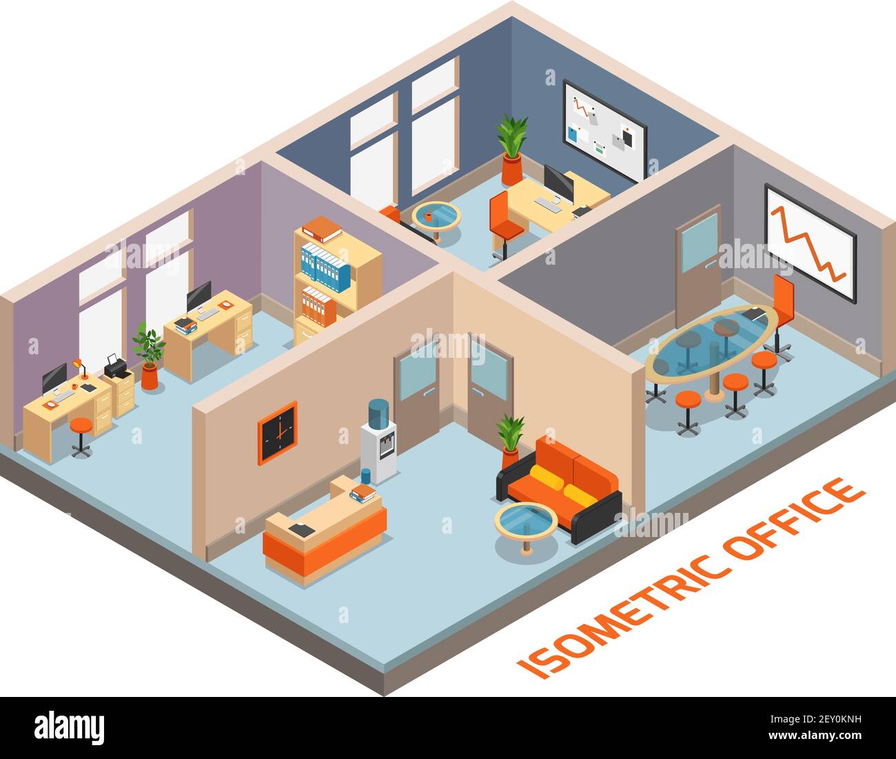 Composizione isometrica degli interni degli uffici con quattro stanze di lavoro e riposo illustrazione vettoriale della sala d'attesa della sala riunioni Illustrazione Vettoriale