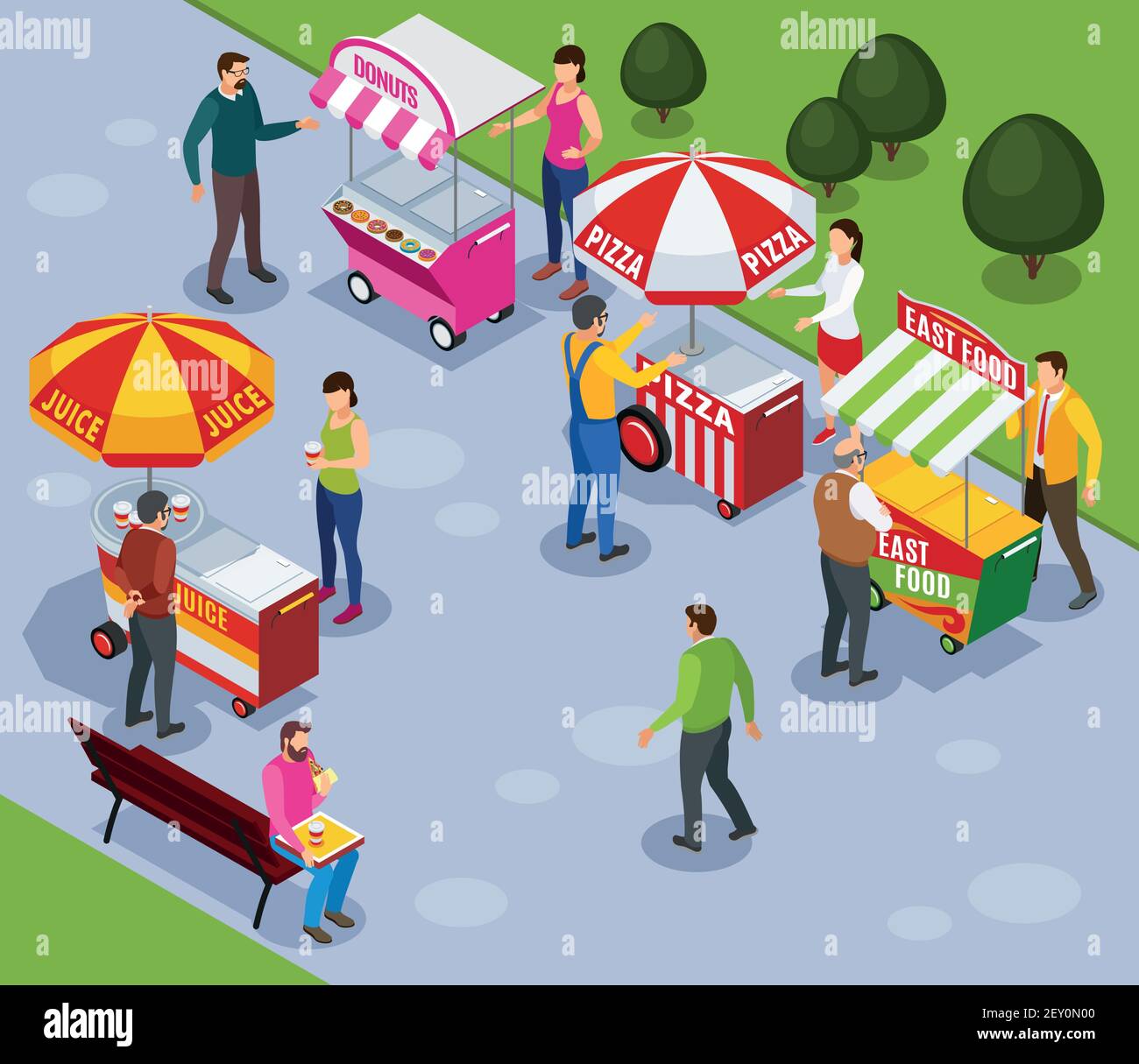 Street distributori di cart composizione isometrica con la gente che acquista fast food nell'illustrazione vettoriale del parco cittadino Illustrazione Vettoriale