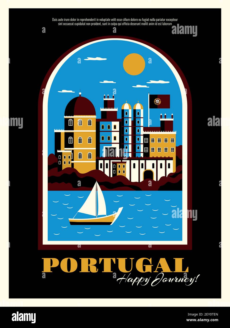Portogallo poster turistico con edifici oceano e simboli barca piatta illustrazione vettoriale Illustrazione Vettoriale