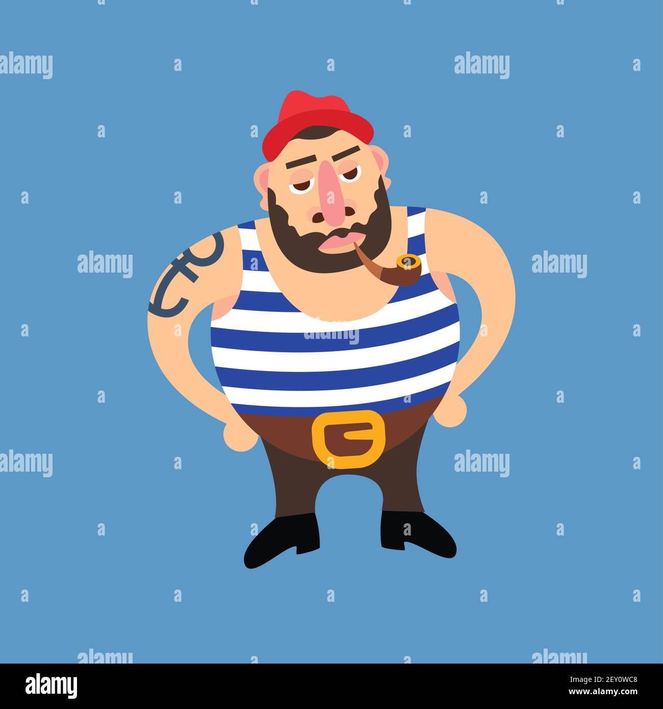 Illustrazione cartoon di un marinaio bearded in un cappello rosso che fuma un tubo avente un tatoo di ancoraggio Illustrazione Vettoriale