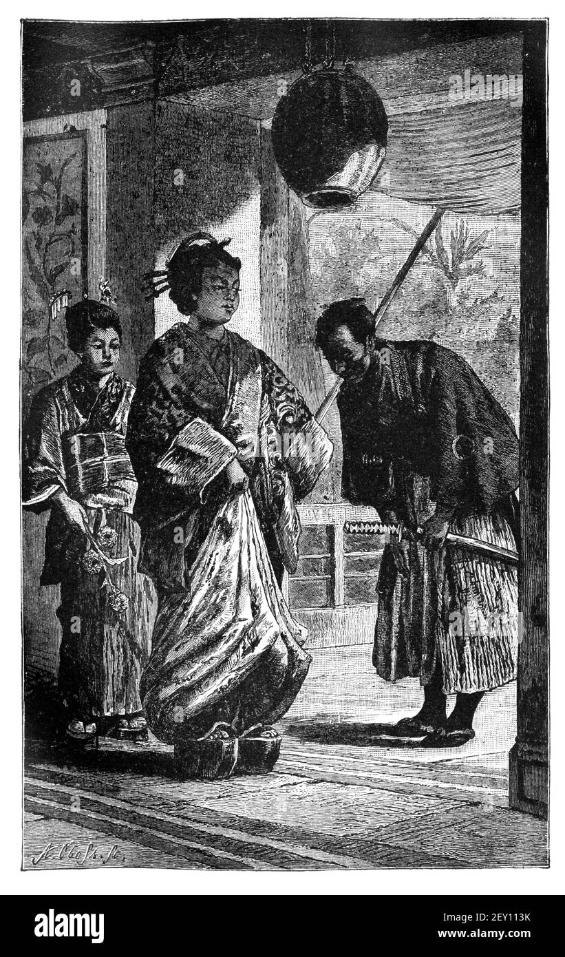 Donna giapponese o nobildonna con cameriera e samurai. Cultura e storia dell'Asia. Immagine in bianco e nero d'epoca. 19 ° secolo. Foto Stock