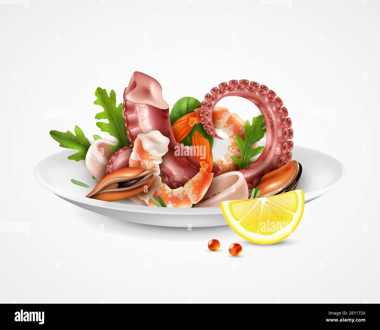 Cocktail di pesce che serve piatti realistici closeup immagine con gamberi cozze ottopus tentacoli calamari fette racola illustrazione vettoriale Illustrazione Vettoriale