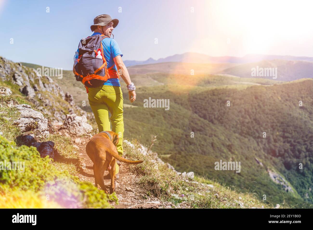 Escursionista con il cane Vizsla sul sentiero di montagna in Bulgaria Foto Stock