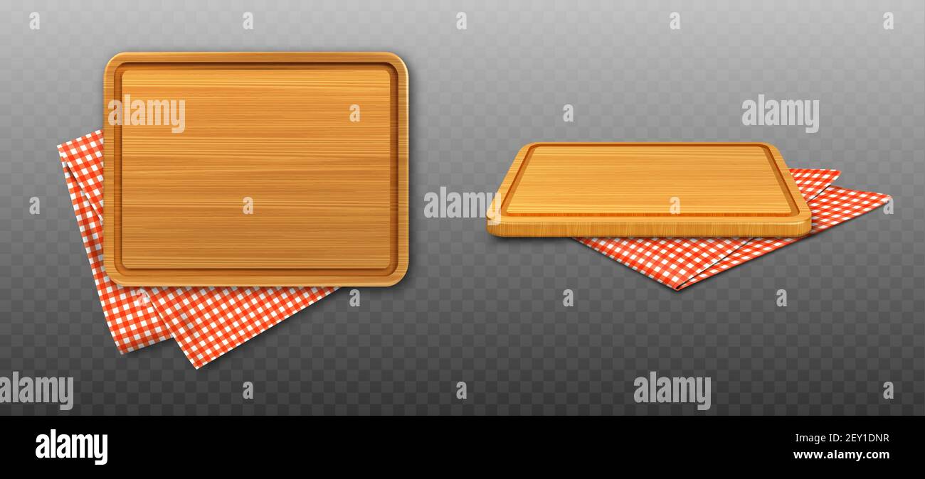 Tagliere in legno e tovaglia di plaid rosso isolato su sfondo trasparente. Set vettoriale realistico di tavole di legno rettangolari 3d per alimenti tagliati e tessuti da tavolo piegati con motivo gingham Illustrazione Vettoriale