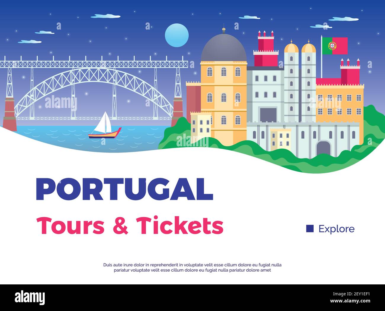 Esplora il poster del Portogallo con tour e biglietti simboli vettore piano illustrazione Illustrazione Vettoriale
