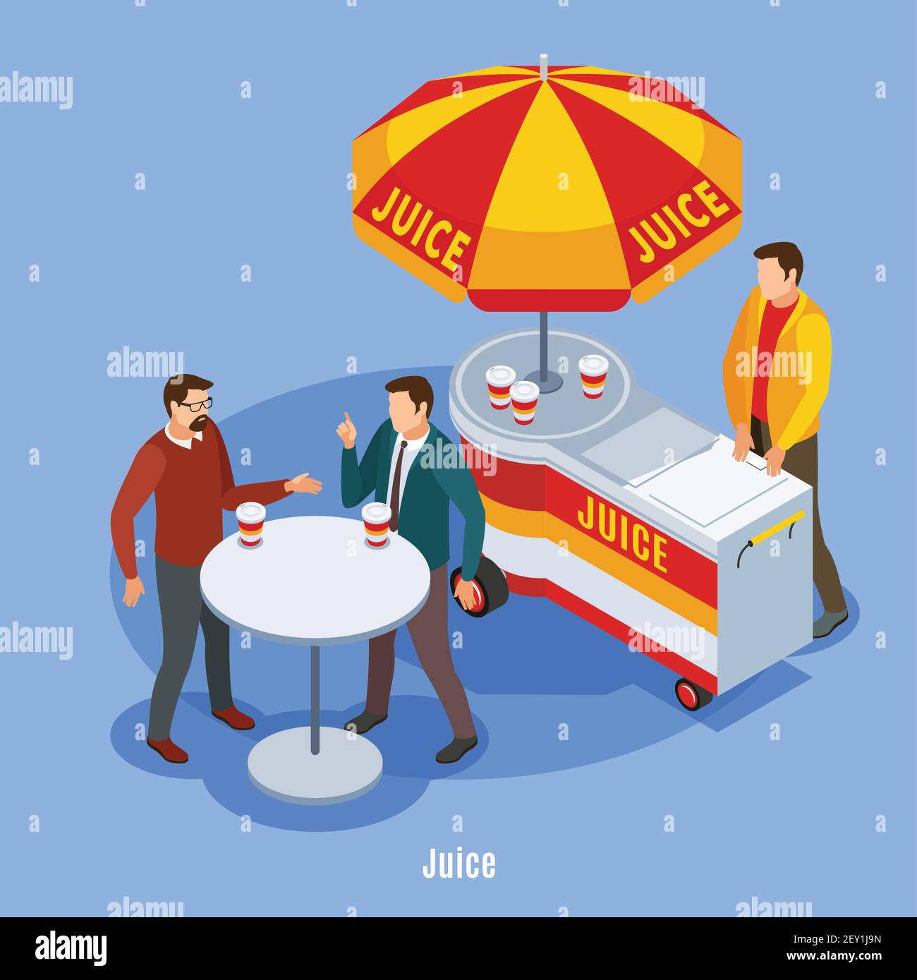 Via vendendo sfondo isometrico con stalla sotto ombrello e due parlare persone bere succo all'aperto illustrazione vettoriale Illustrazione Vettoriale