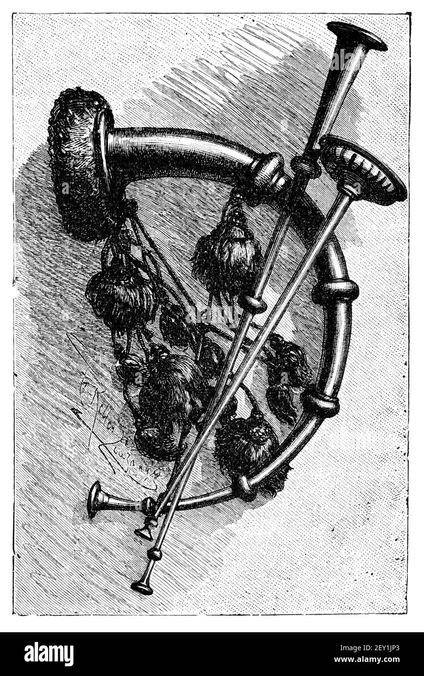 Trombe dall'India, trombe, tutari, bhangull, punchama atta. Cultura e storia dell'Asia. Immagine in bianco e nero d'epoca. 19 ° secolo. Foto Stock