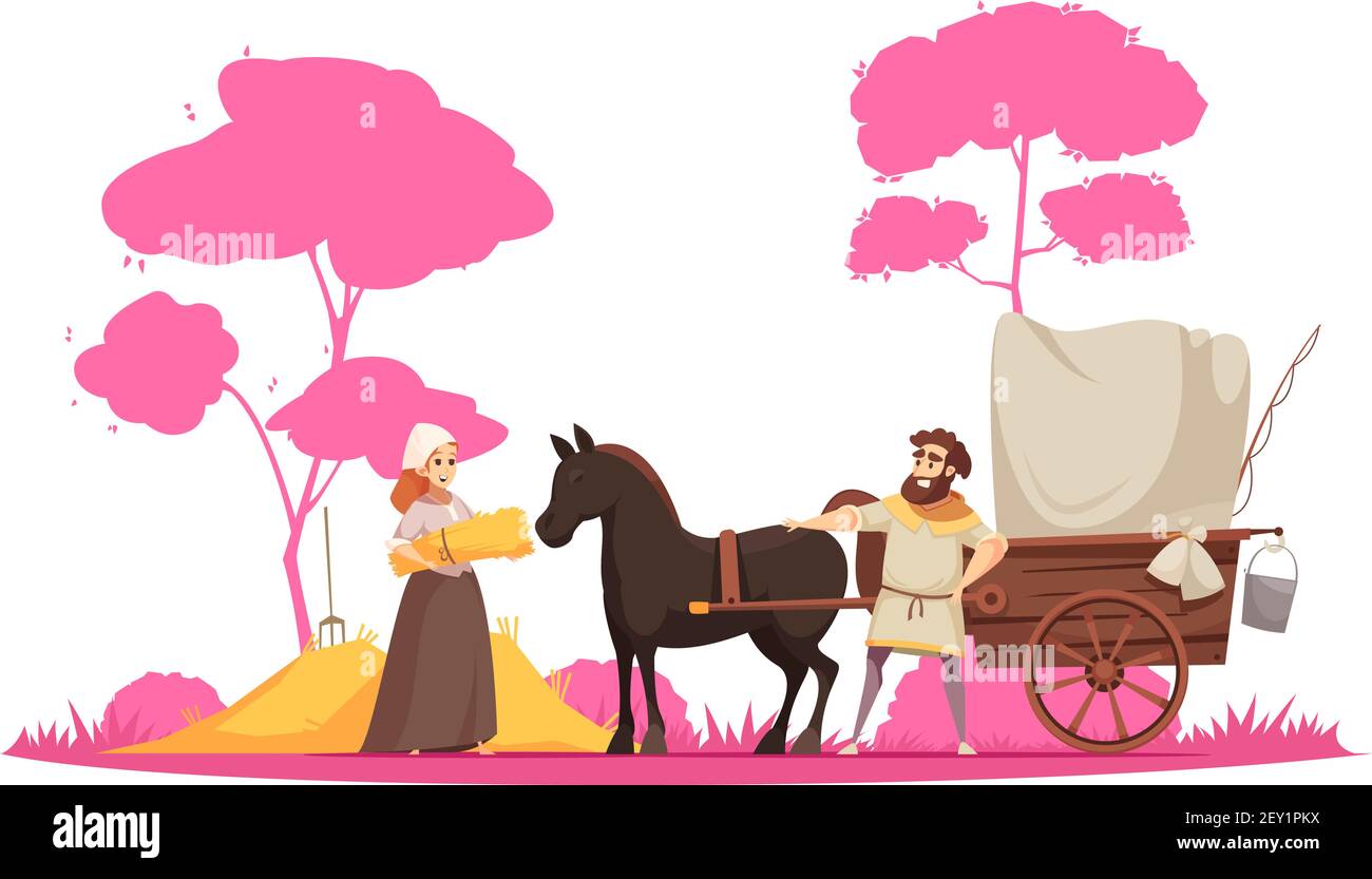 Personaggi umani e antico terreno rurale trasporto cavallo con carrello su alberi sfondo cartoon illustrazione vettoriale Illustrazione Vettoriale