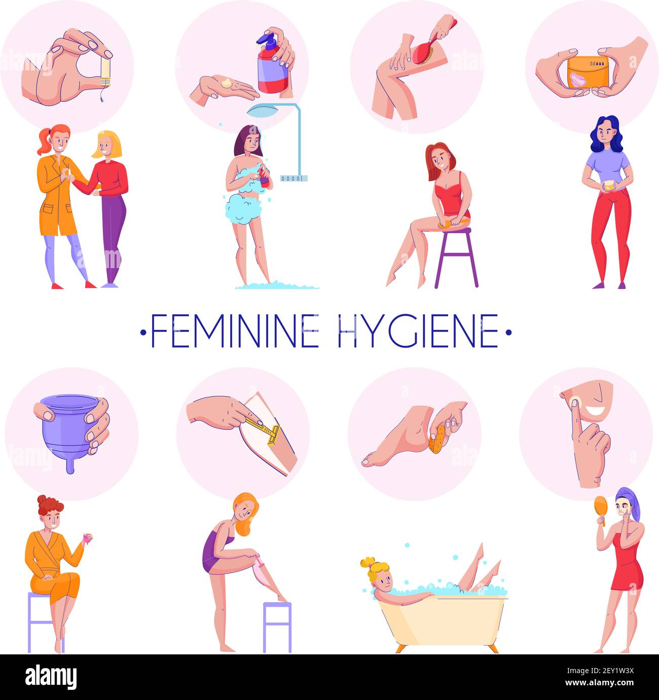 Prodotti per l'igiene femminile procedure composizioni informative piatte con pelle massaggio organi riproduttivi sanità illustrazione vettoriale Illustrazione Vettoriale