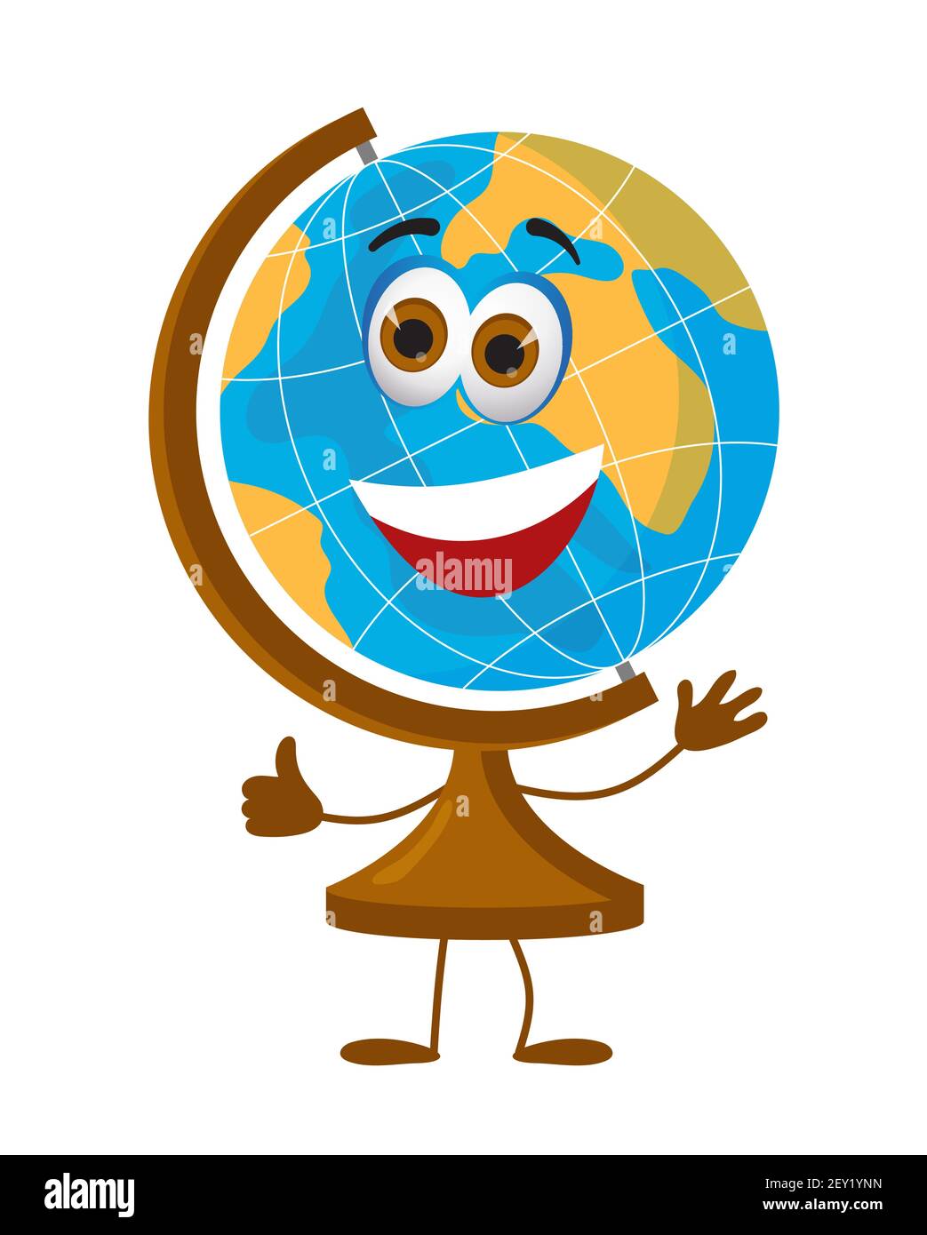 Divertente School Globe con occhi su sfondo bianco, disegno piatto illustrazione vettoriale Illustrazione Vettoriale