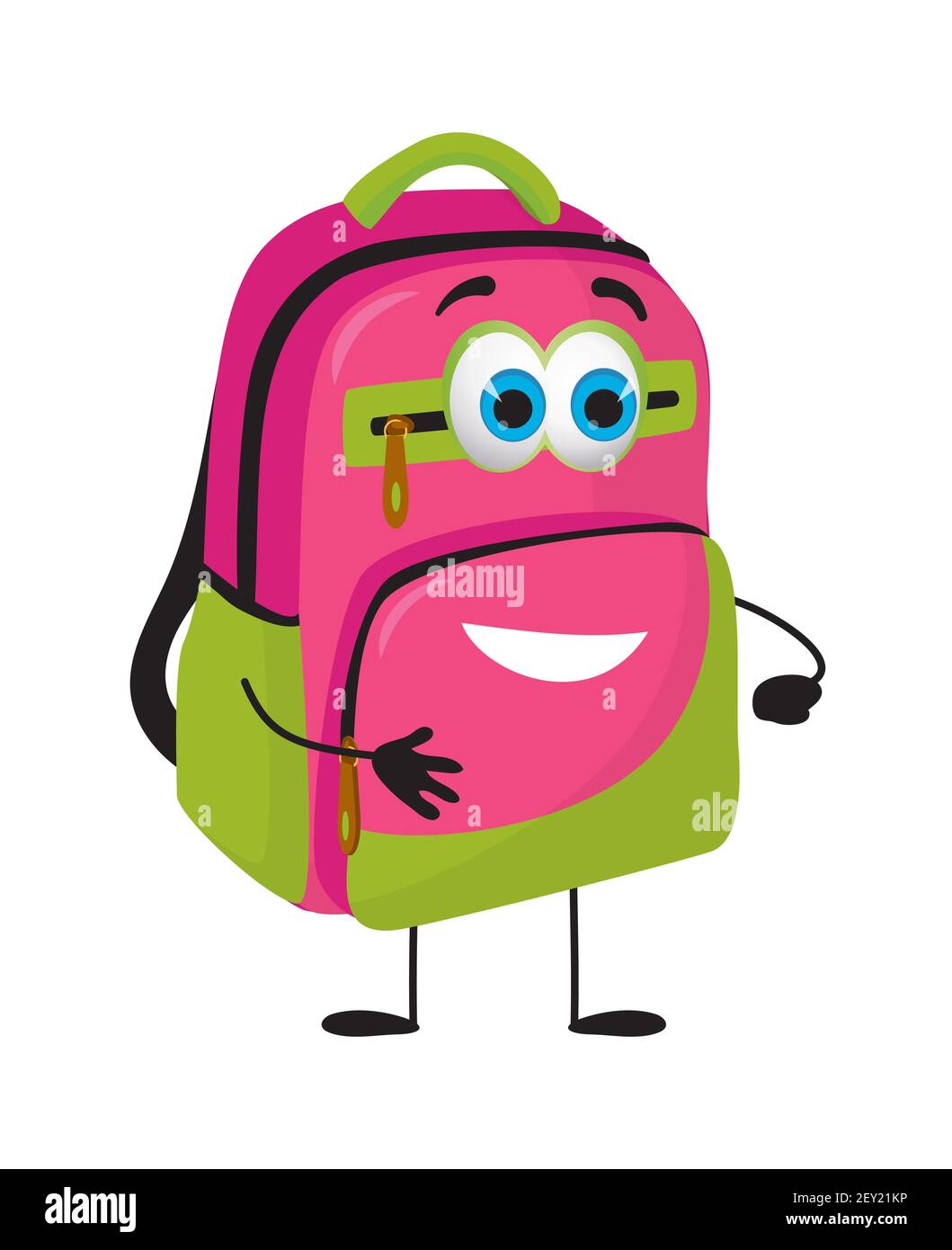 Borsa da scuola divertente con occhi su sfondo bianco, disegno piatto illustrazione vettoriale Illustrazione Vettoriale