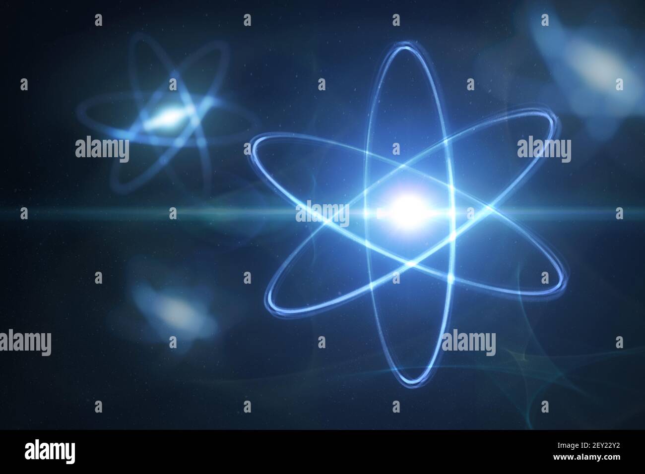 Modello di particelle elementari e di atomi. Concetto di fisica. Illustrazione con rendering 3D. Foto Stock