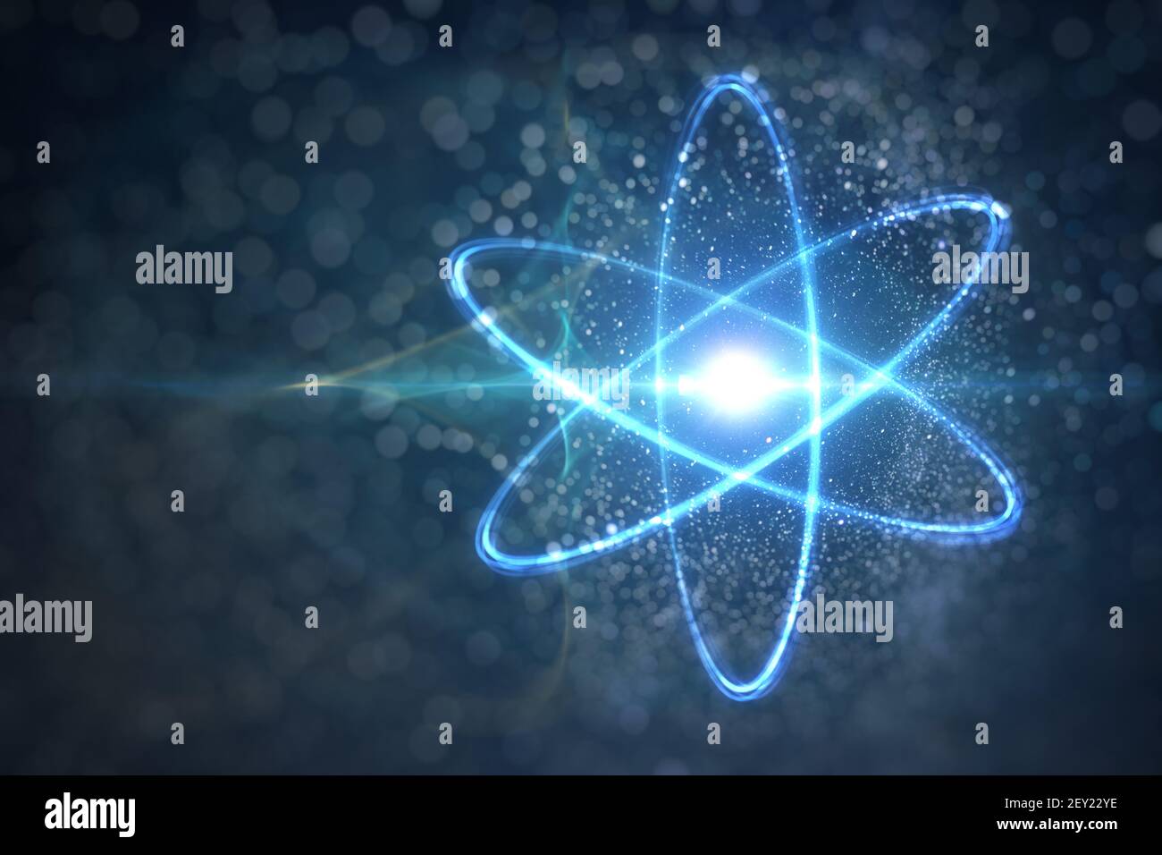 Modello di particelle elementari e di atomi. Concetto di fisica. Illustrazione con rendering 3D. Foto Stock