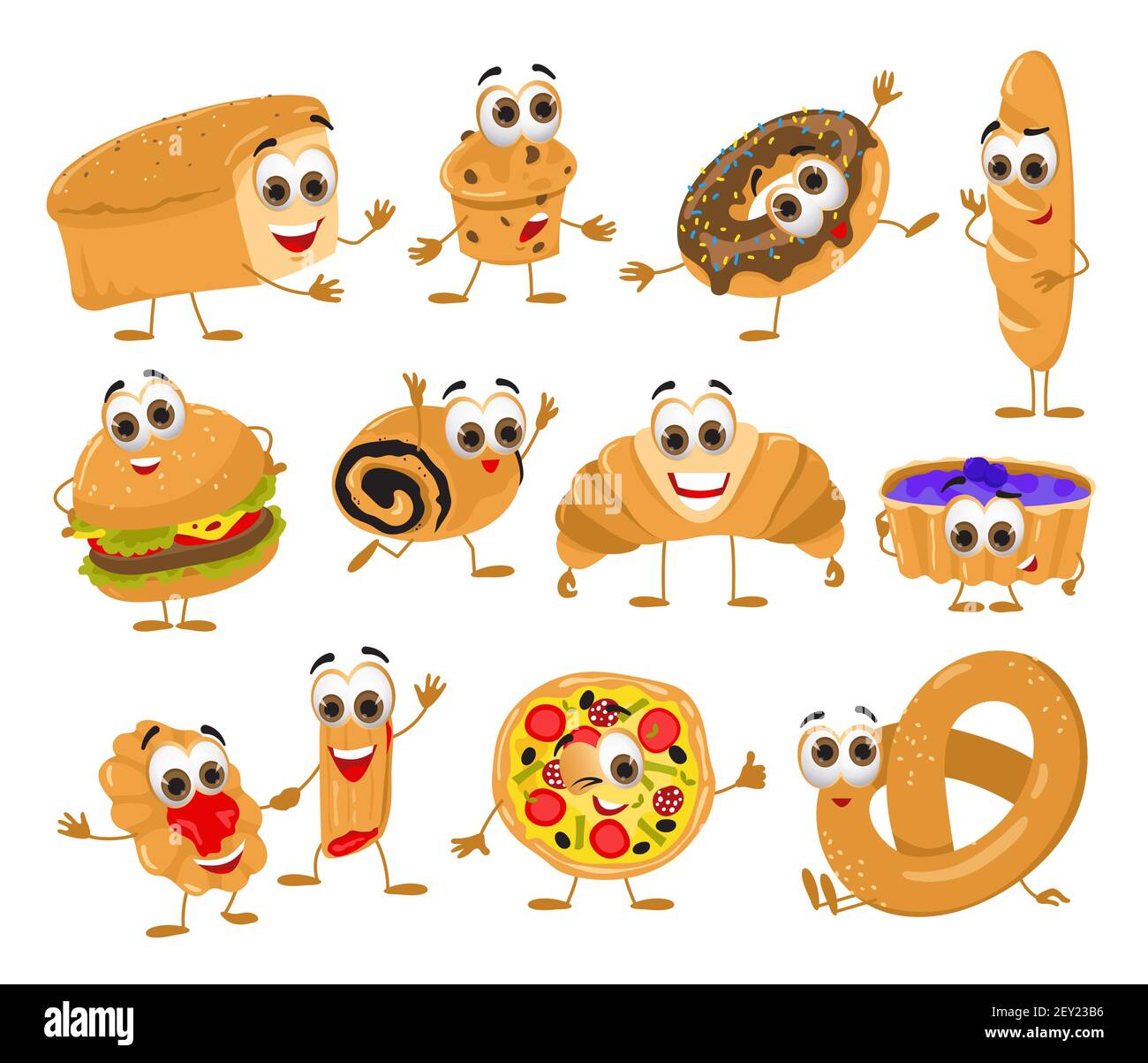 Set di pane divertente con occhi su sfondo bianco, serie di prodotti divertenti, illustrazione vettoriale piatta Illustrazione Vettoriale