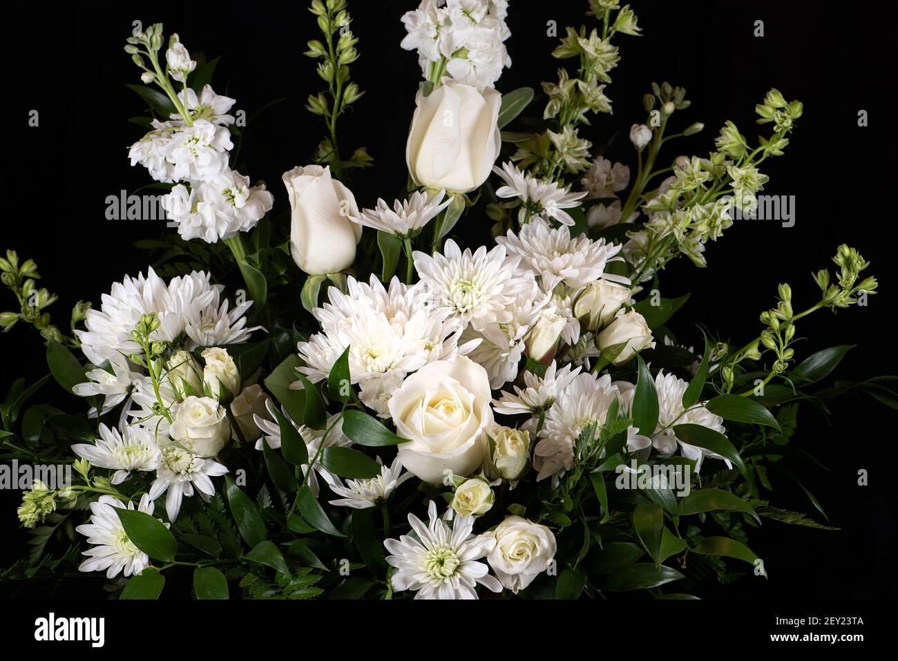 Bel bouquet di una varietà di fiori bianchi su un sfondo nero Foto Stock